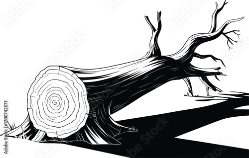 Fallen Tree Log Vector, Forest Wood Stump Illustration.
