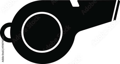 Bold black whistle icon symbolizing authority, sports, and announcement, perfect for branding, web design, and athletic projects, simple and modern