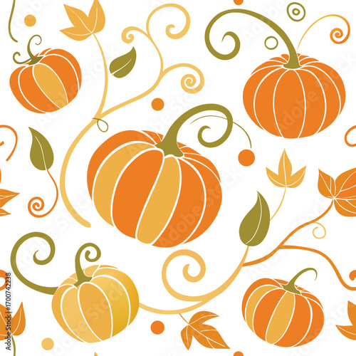 Seamless pattern of pumpkins and autumn leaves on white