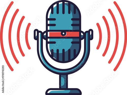 Dynamic podcast microphone illustration broadcasting audio waves, perfect for modern content creators and digital marketing campaigns