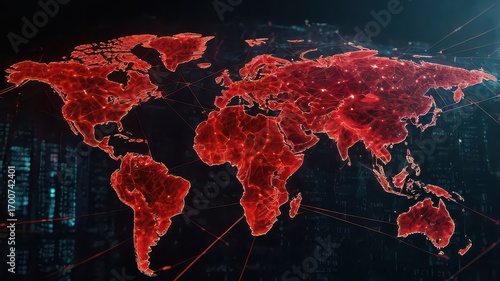 Red world map with glowing connections representing global threat or outbreak