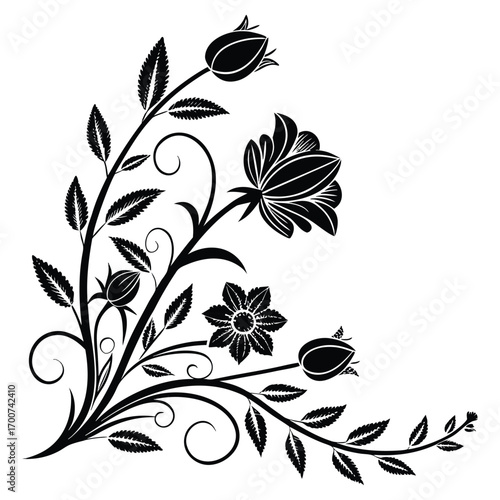 Elegant black flourish corner design with blooming flowers and swirling leaves