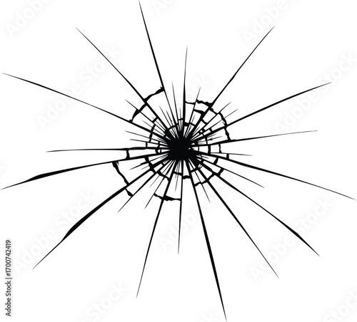 Shattered glass effect with radial cracks radiating from a central point, perfect for adding drama, breaking barriers, or illustrating destruction