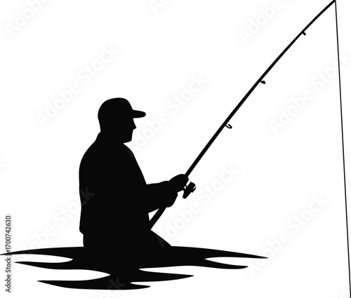 Silhouette of fisherman casting a line, enjoying peaceful fishing in calm waters, perfect for outdoor recreation and leisure concepts