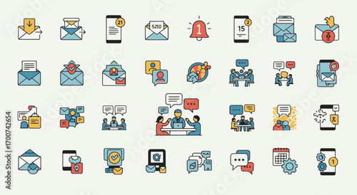 Modern Email and Communication Icons – Envelopes, Notifications, Chat, Contacts, User Profiles, Messages & Digital Interaction Symbols