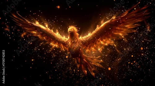 Mythical phoenix bird made of fire flapping wings with sparks