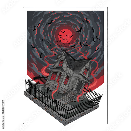 Spooky cemetery scene with red moon and creeping tentacles illustration