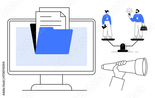 Computer folder with documents, weighing scale comparing ideas, and telescope symbolizing vision. Ideal for teamwork, business planning, document management, strategy, goal setting, comparison