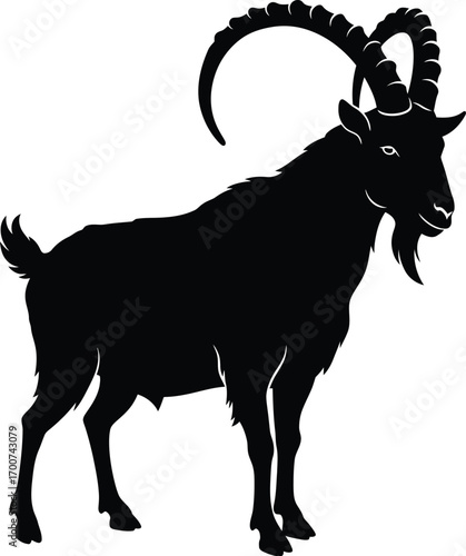 Strong and proud mountain goat silhouette with impressive curved horns against a clean white background, perfect for various design projects