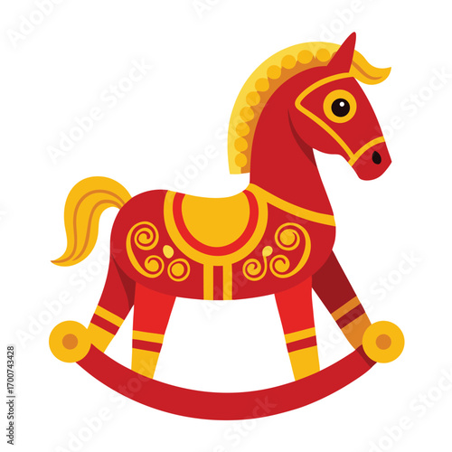 Vibrant red and yellow traditional rocking horse toy illustration