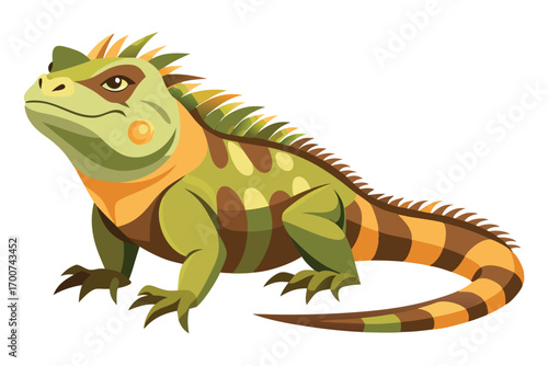 A Colorful Cartoon Iguana with Spikes and Stripes, Resting in a Striking, Vibrant Composition on a White Background