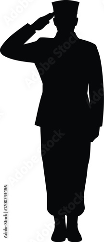 Silhouetted soldier saluting with respect and honor, perfect for military themes, memorial events, and patriotic campaigns, conveying strength