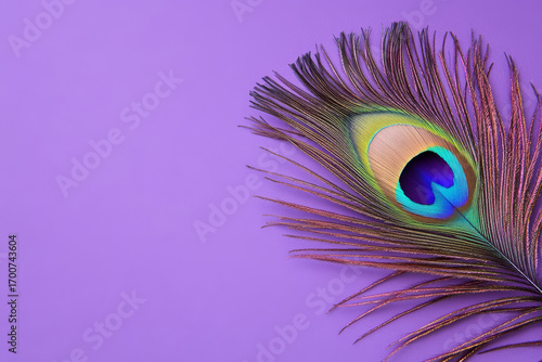 Stunning peacock feather with iridescent colors on a vibrant purple background creates a chic modern feel