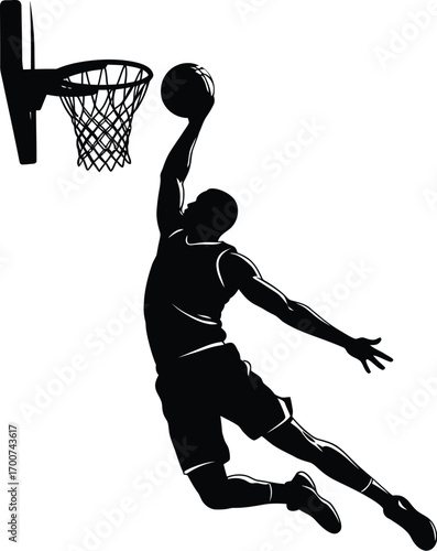 Dynamic basketball player silhouette soaring for a slam dunk, showcasing athleticism and competitive spirit against a clean background, perfect for sports branding and design