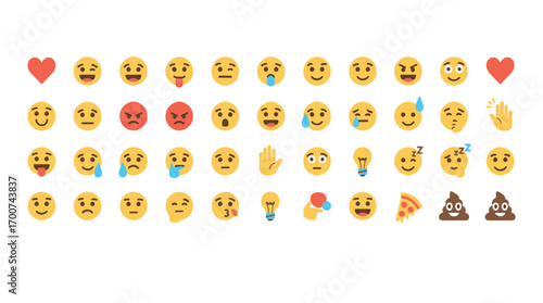 Colorful Emoji Icons Set – Smileys, Emotions, Gestures, Food, Love & Reactions for Social Media, Messaging, and Digital Communication