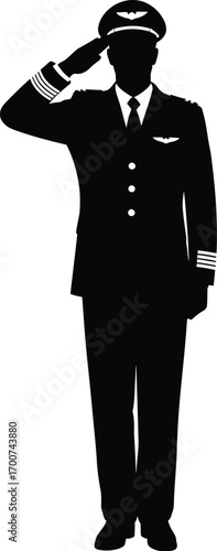 Professional pilot in uniform saluting, perfect for aviation, travel, and business projects, conveying respect and authority, inspiring trust