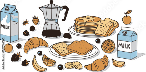 Hand-Drawn Breakfast Scene with Pancakes, Toast, Croissants, Milk Cartons & Coffee Pot – Cozy Morning Meal Illustration for Menus