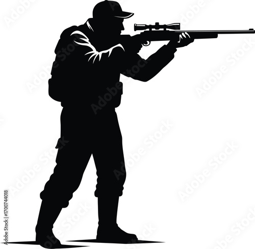 Silhouette of a marksman aiming rifle with scope, perfect for military, hunting, or target practice designs, ready for action