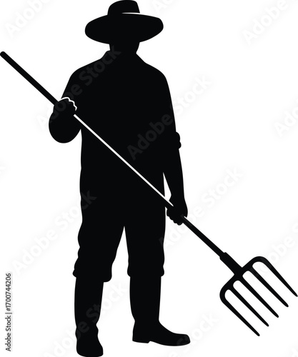 Powerful silhouette of a farmer with pitchfork ready for harvest season, evoking rural charm and agricultural strength in a timeless design element