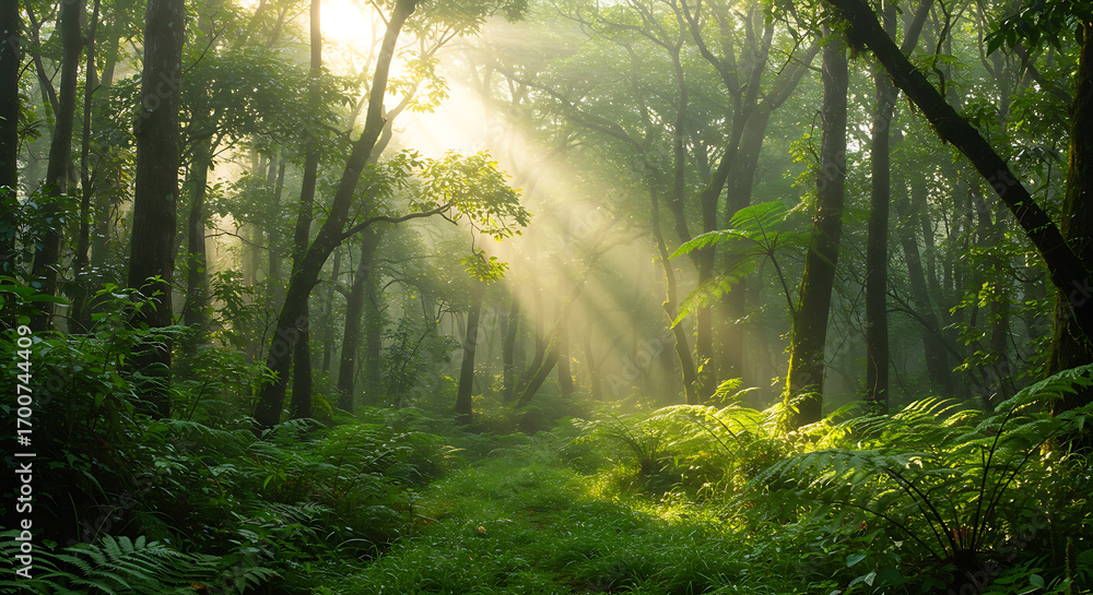 Obraz premium Serene Sunbeams Illuminating Lush Green Forest Path: Mystical, Tranquil Morning Atmosphere