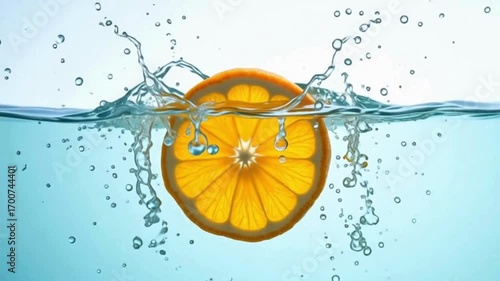 juicy citrus slice splashing into water in slow motion  
