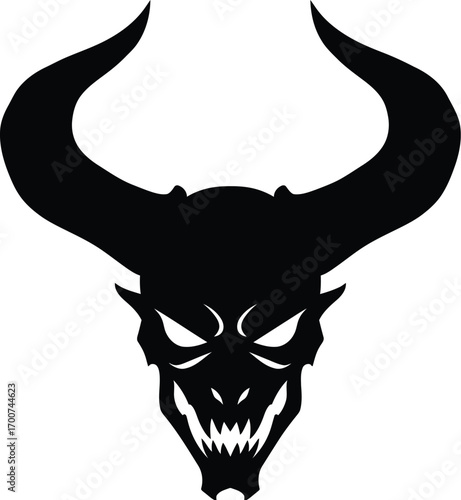 Sinister black silhouette of a horned demon head with sharp teeth and glowing eyes, perfect for horror games, fantasy art, and Halloween designs