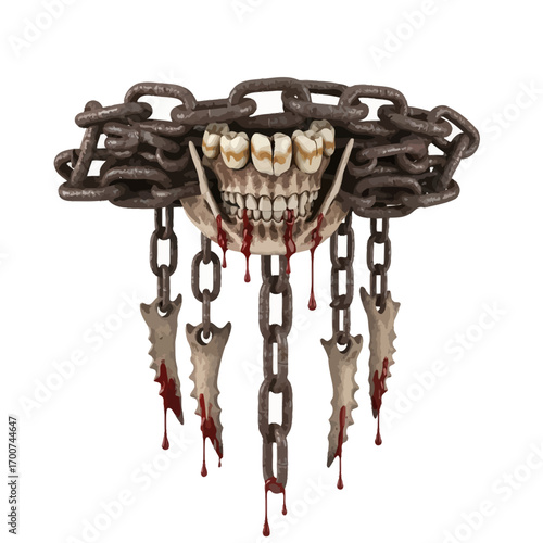 Frightening monster mouth with blood dripping chains and spikes scary halloween prop illustration