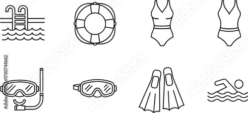 Swimming and Snorkeling Line Icons – Pool Ladder, Life Buoy, Swimsuit, Goggles, Fins & Swimming Pose for Summer & Water Sports Design