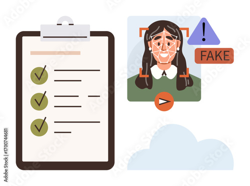 Facial recognition system identifying fraudulent identity with a warning alert and fake label. Connected checklist marks validation process success. Ideal for security, verification, fraud
