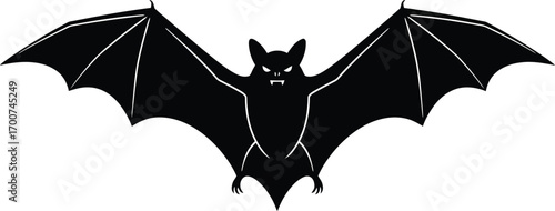 Spooky bat silhouette with sharp fangs and outstretched wings for eerie Halloween designs or creepy horror-themed projects, perfect for invitations and decorations