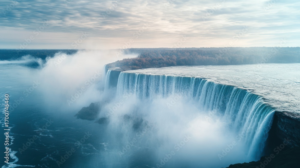 Fototapeta premium Majestic Niagara Falls Aerial View: Cascading Water, Mist, and Dramatic Landscape.