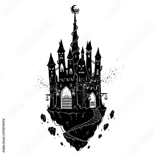 Mysterious silhouette of a gothic castle floating above the clouds illustration