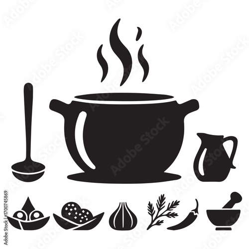 Collection of cooking icons including a steaming pot ladle pitcher spices and ingredients for culinary preparation