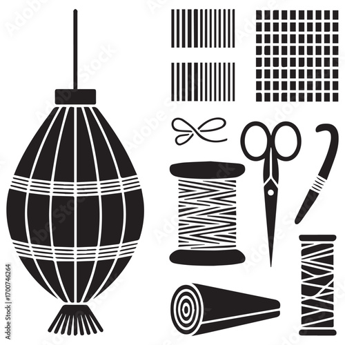 Collection of silhouette crafting and sewing supplies including lantern scissors thread spools fabric and barcode patterns