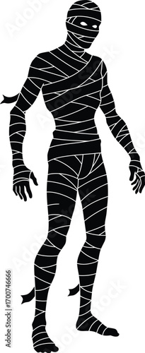 Frightening mummy silhouette standing ominously, wrapped in bandages, perfect for Halloween and horror themes, ready to create spooky, chilling content.