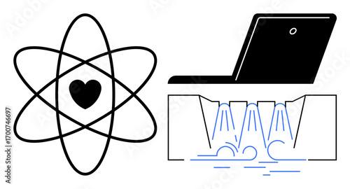 Atom with heart symbolizing human-centered science, laptop representing technology, and water streams highlighting sustainability. Ideal for innovation, technology, energy, education, research