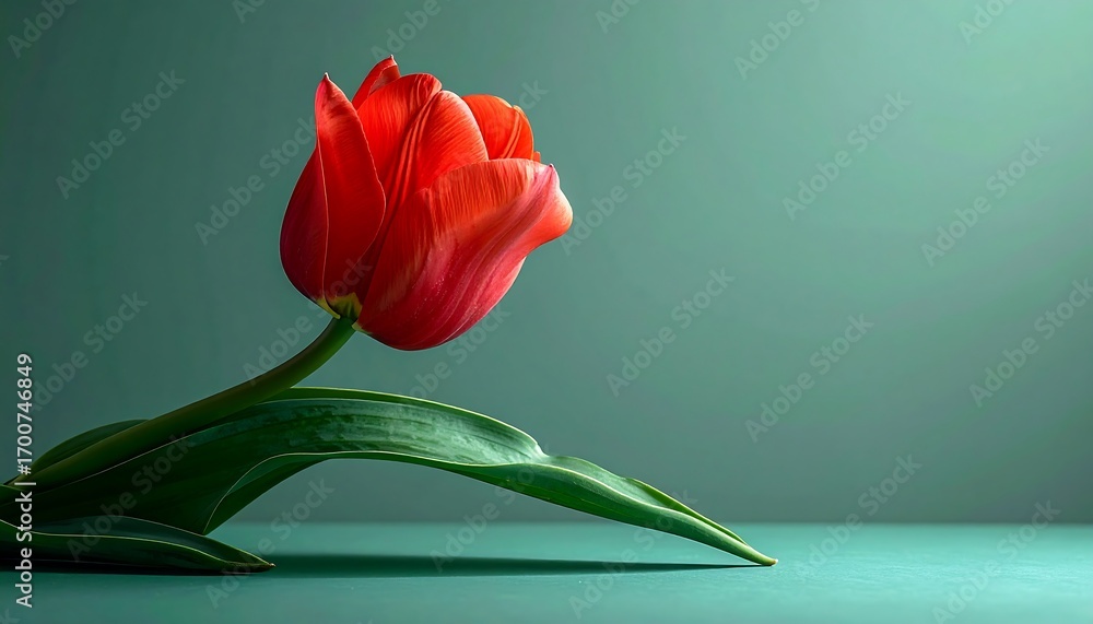 Fototapeta premium Vibrant red tulip against teal