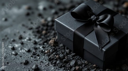 A sleek black gift box, adorned with a satin ribbon, sits amidst a scattering of dark, textured granules, evoking mystery and elegance