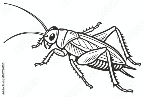 Detailed Vector Illustration of a Cricket Insect Depicted in Black and White with Visible Antennae and Legs