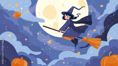 Cheerful halloween witch flying on broomstick across moonlit sky with pumpkins and glowing stars