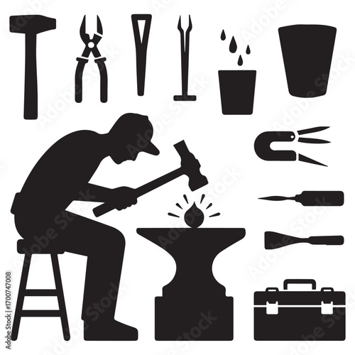Silhouette of a blacksmith working at an anvil with various tools and equipment displayed around him in a workshop setting