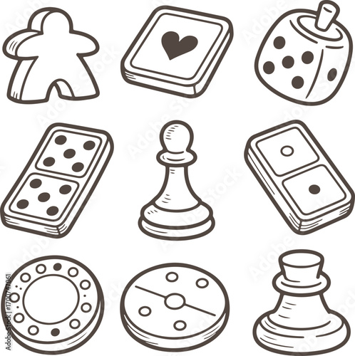 Hand-drawn vector illustration set of classic tabletop board game components and icons