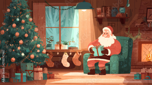 Santa claus sitting in cozy decorated living room holding present beside glowing christmas tree and fireplace