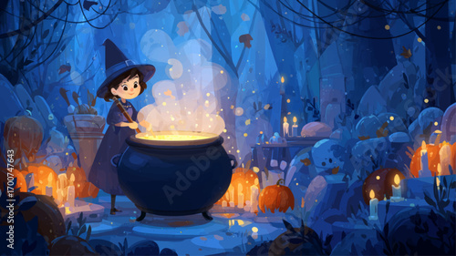 Cheerful halloween witch stirring glowing potion in cauldron with pumpkins and candles around