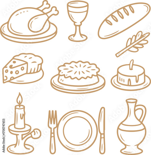 Elegant hand-drawn line art icons for a traditional dinner feast and celebration