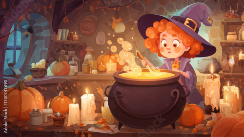 Cartoon halloween witch with curly hair stirring potion in cauldron surrounded by pumpkins and candles