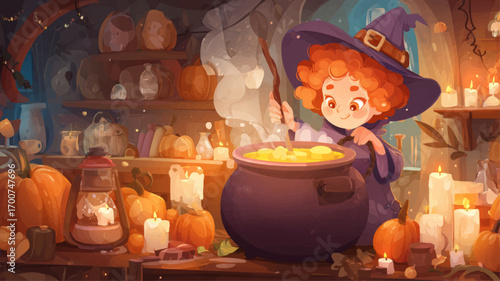 Cartoon halloween witch with curly hair stirring potion in cauldron surrounded by pumpkins and candles