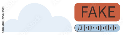 Cloud shape, fake label, audio waveform. Ideal for themes of digital reliability, AI detection, cybersecurity, misinformation prevention, cloud technology online media and data analysis. Clean flat