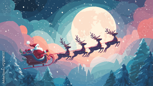 Magical santa claus flying sleigh with reindeer across full moon sky on festive christmas night