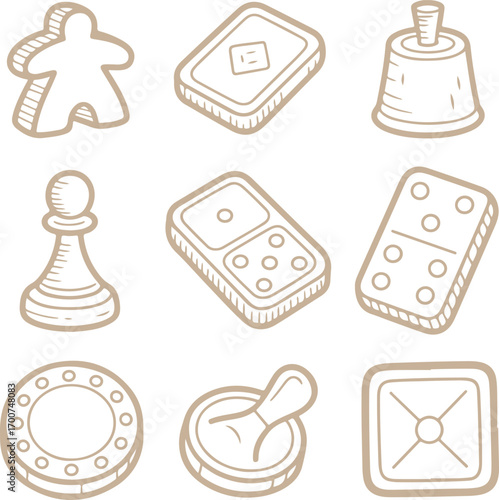 Hand-drawn doodle style icon set of various classic tabletop gaming components